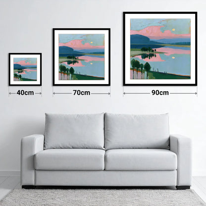 Blush Pink Lake at Dawn - size guide showing 40cm, 70cm and 90cm art prints