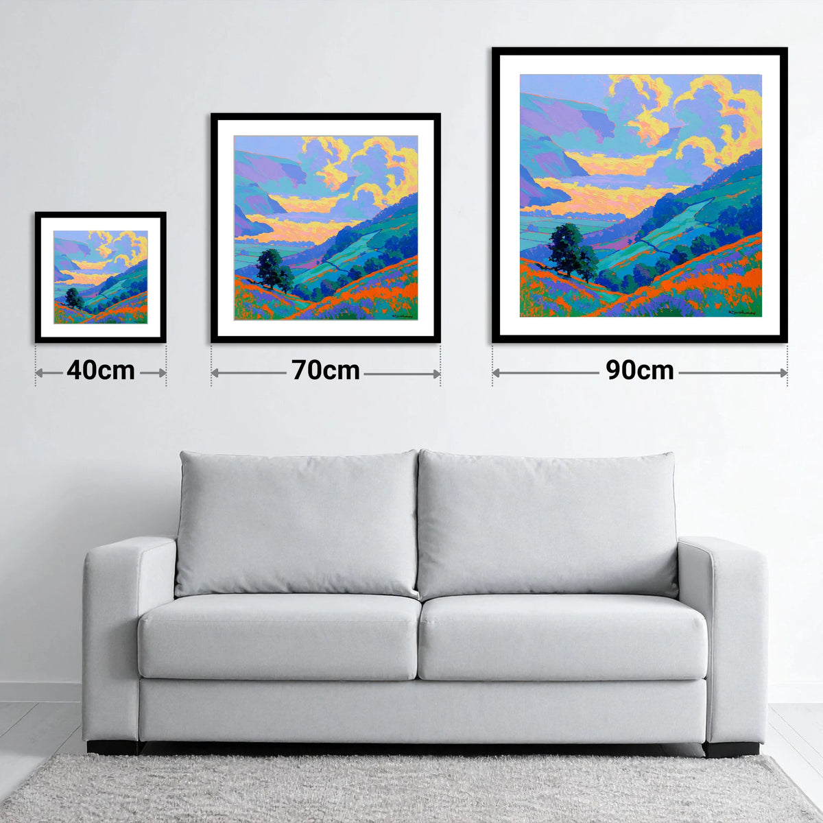Vibrant Morning Valley Mist - size guide showing 40cm, 70cm and 90cm art prints