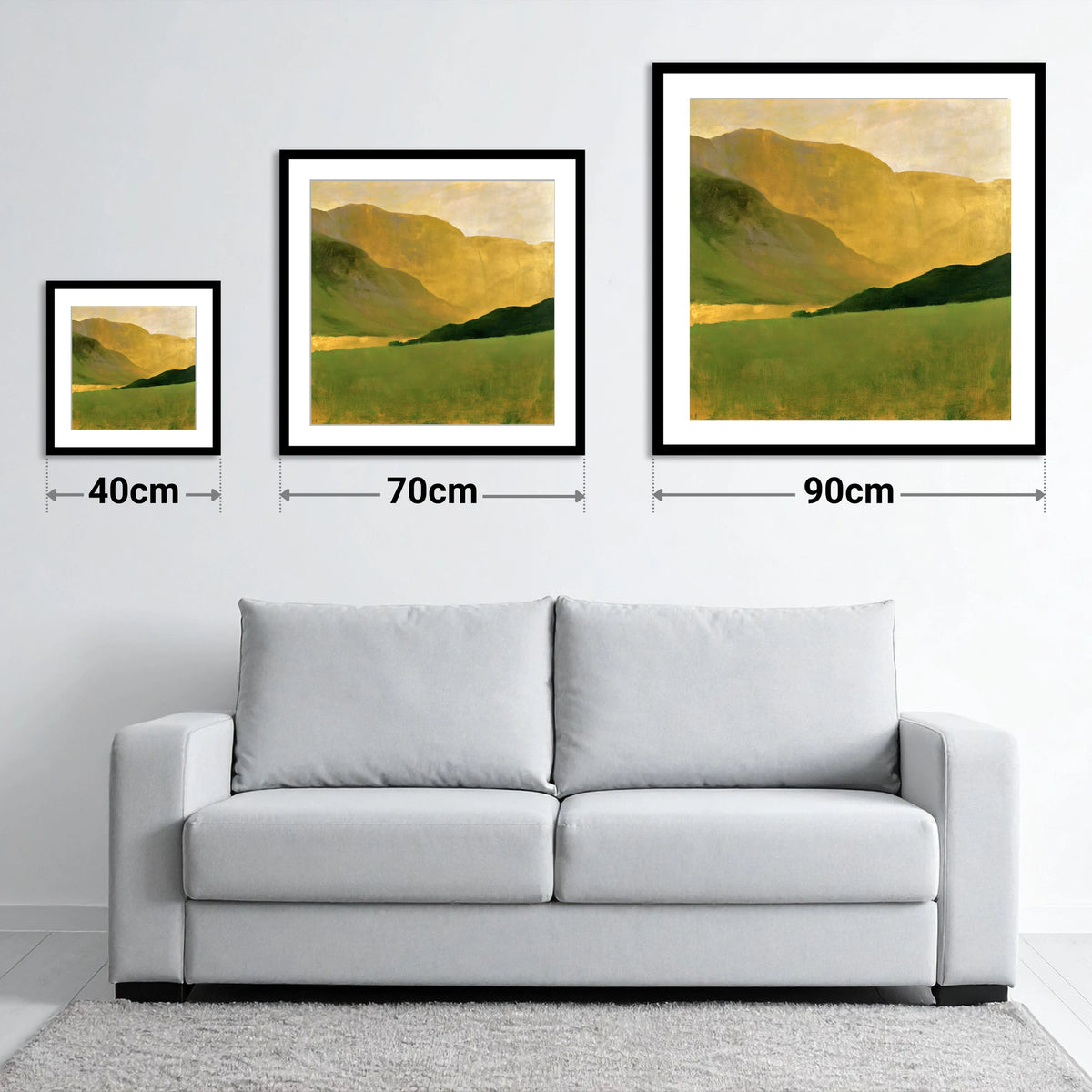 Golden Fells And Green Valley - size guide showing 40cm, 70cm and 90cm art prints