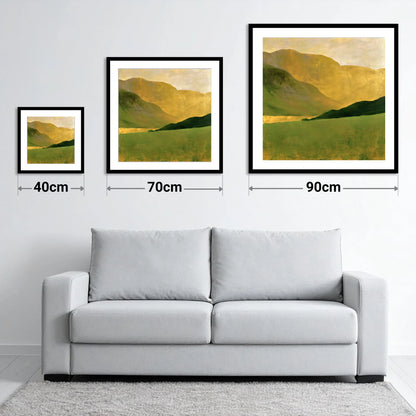 Golden Fells And Green Valley - size guide showing 40cm, 70cm and 90cm art prints