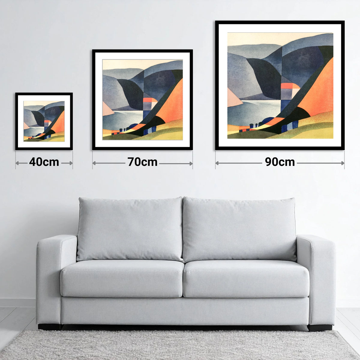 Geometric Lake District Fells - size guide showing 40cm, 70cm and 90cm art prints