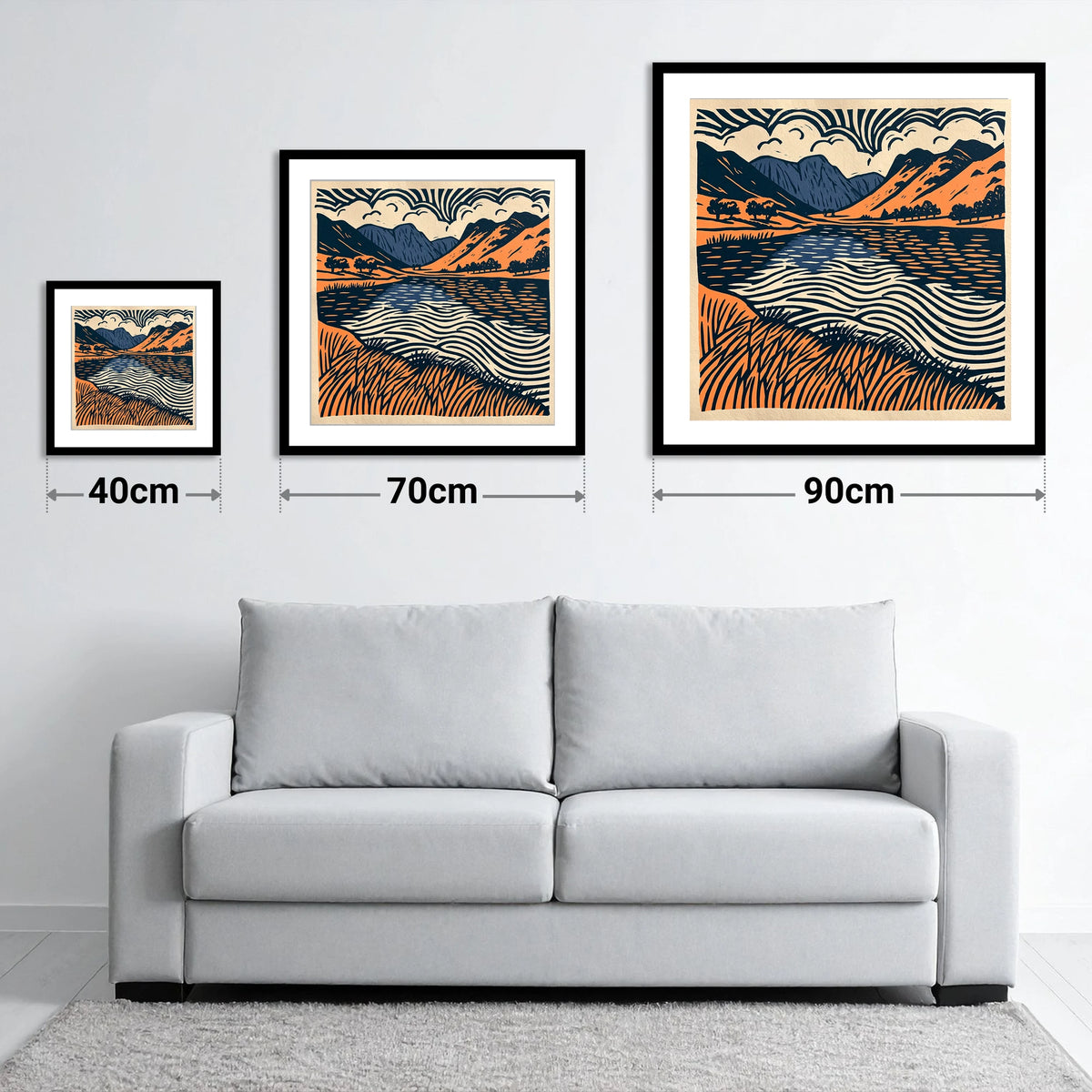 Calm Lake in Navy and Terracotta - size guide showing 40cm, 70cm and 90cm art prints