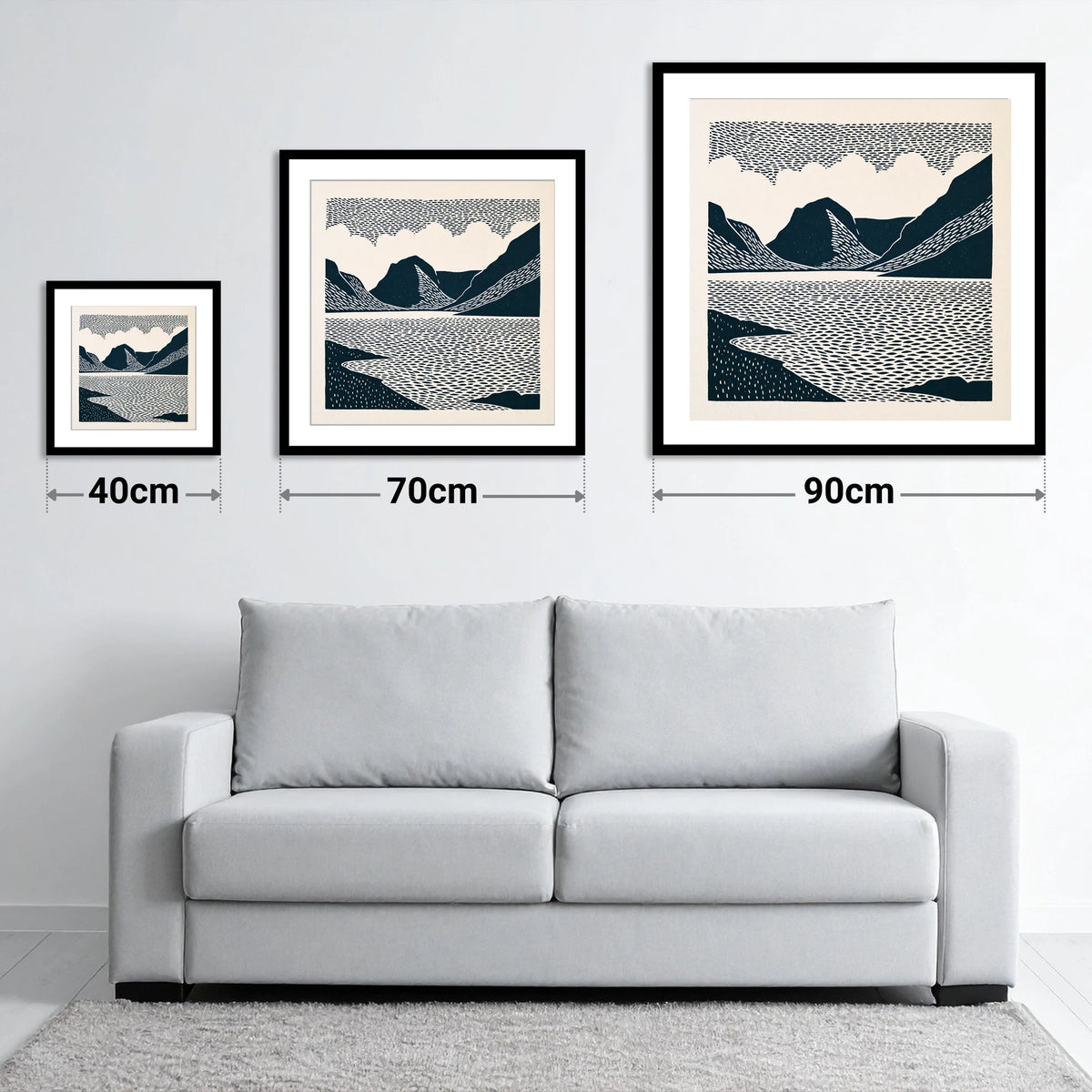 Crummock Water Graphic Landscape - size guide showing 40cm, 70cm and 90cm art prints