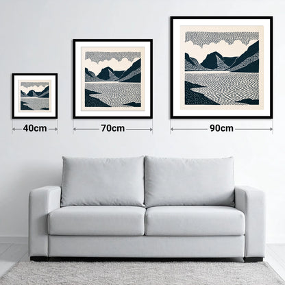 Crummock Water Graphic Landscape - size guide showing 40cm, 70cm and 90cm art prints