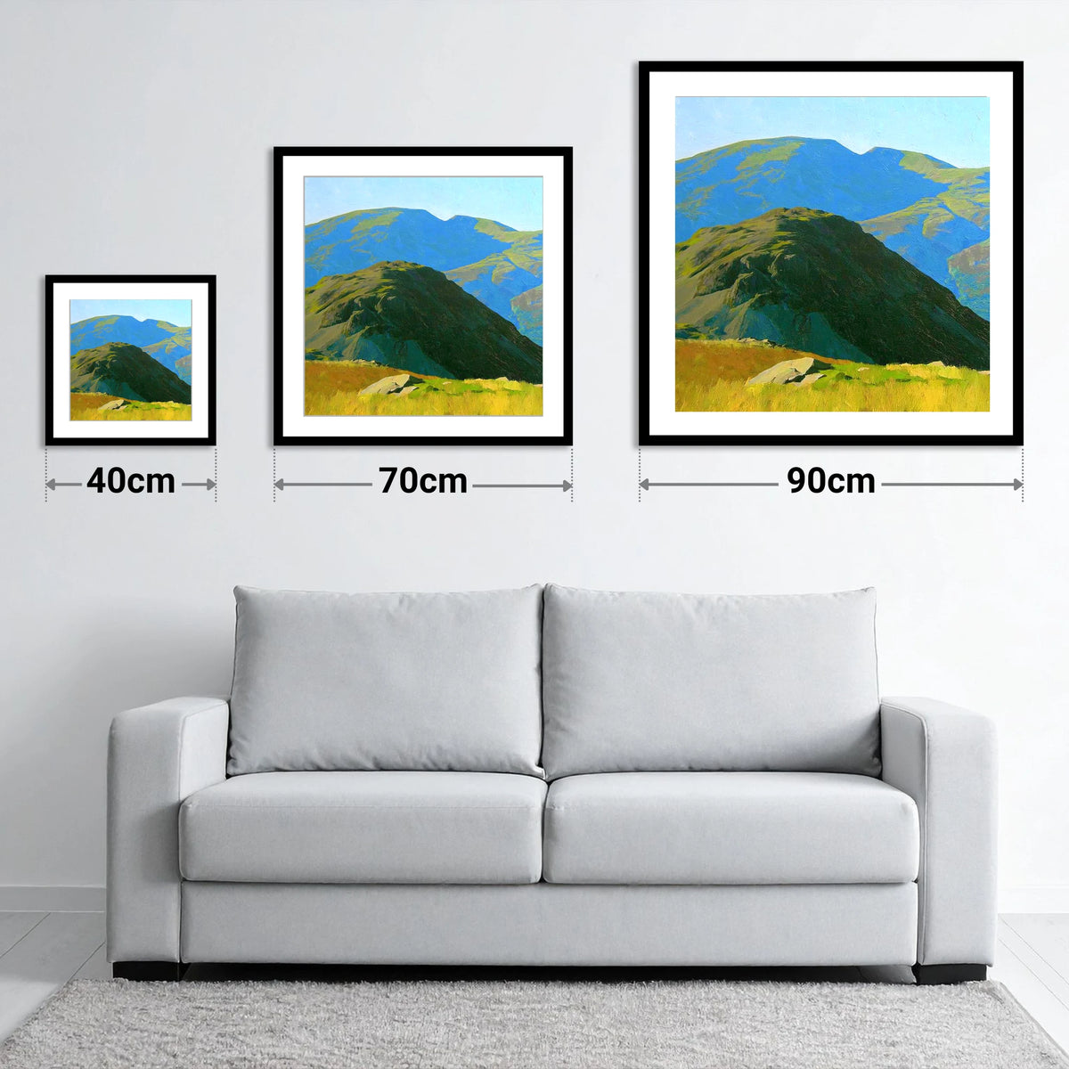 Vibrant Hard Knott and Blue Peaks - size guide showing 40cm, 70cm and 90cm art prints