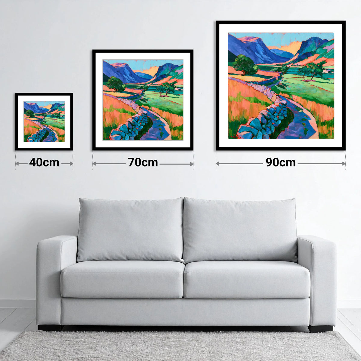 Drystone Wall through a Vibrant Valley - size guide showing 40cm, 70cm and 90cm art prints