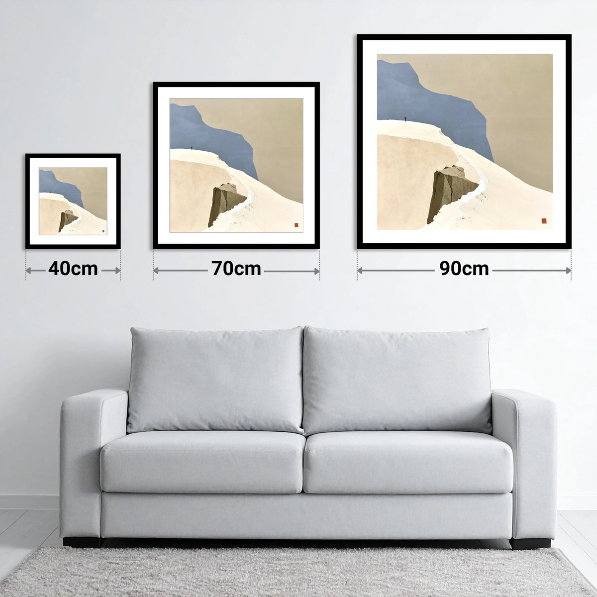 High Ridge Walker on Blue Peaks - size guide showing 40cm, 70cm and 90cm art prints