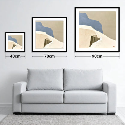 High Ridge Walker on Blue Peaks - size guide showing 40cm, 70cm and 90cm art prints