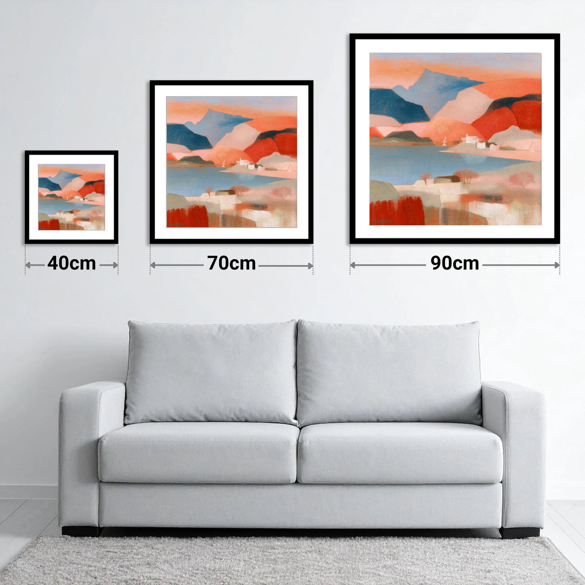 Abstract Terracotta Lake and Fells - size guide showing 40cm, 70cm and 90cm art prints