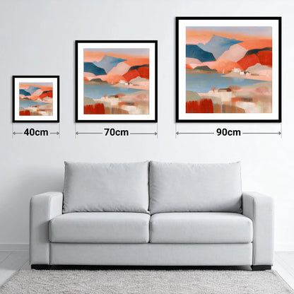 Abstract Terracotta Lake and Fells - size guide showing 40cm, 70cm and 90cm art prints
