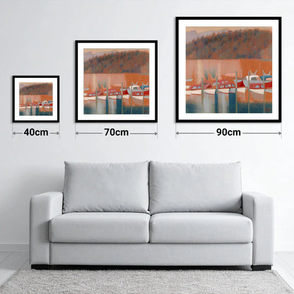 Windermere Boats in Terracotta Light - size guide showing 40cm, 70cm and 90cm art prints