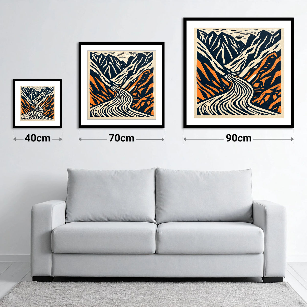 Honister Pass Navy and Terracotta - size guide showing 40cm, 70cm and 90cm art prints