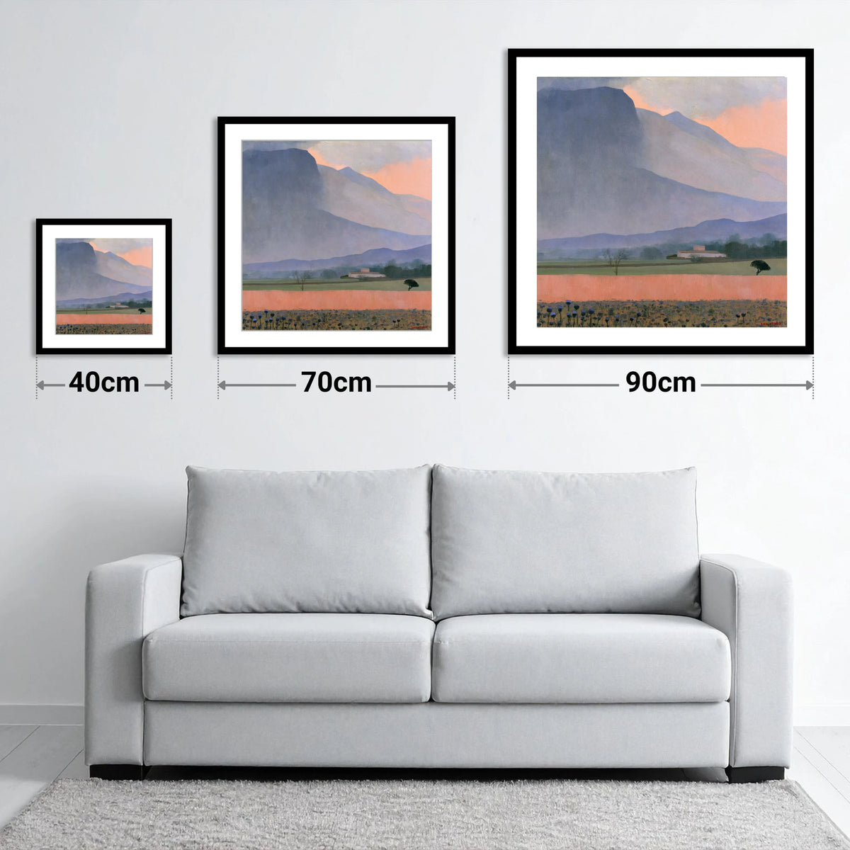 Passing Storm Over Slate Fells - size guide showing 40cm, 70cm and 90cm art prints