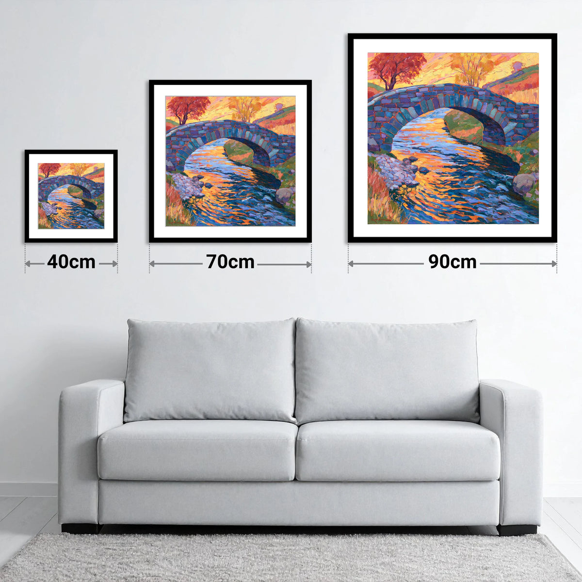 Stone Bridge over a Golden Beck - size guide showing 40cm, 70cm and 90cm art prints