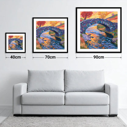 Stone Bridge over a Golden Beck - size guide showing 40cm, 70cm and 90cm art prints