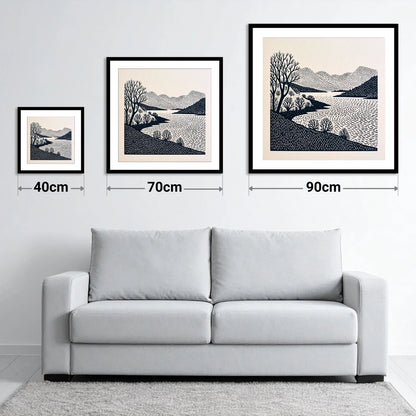 Stark Trees at Coniston Water - size guide showing 40cm, 70cm and 90cm art prints