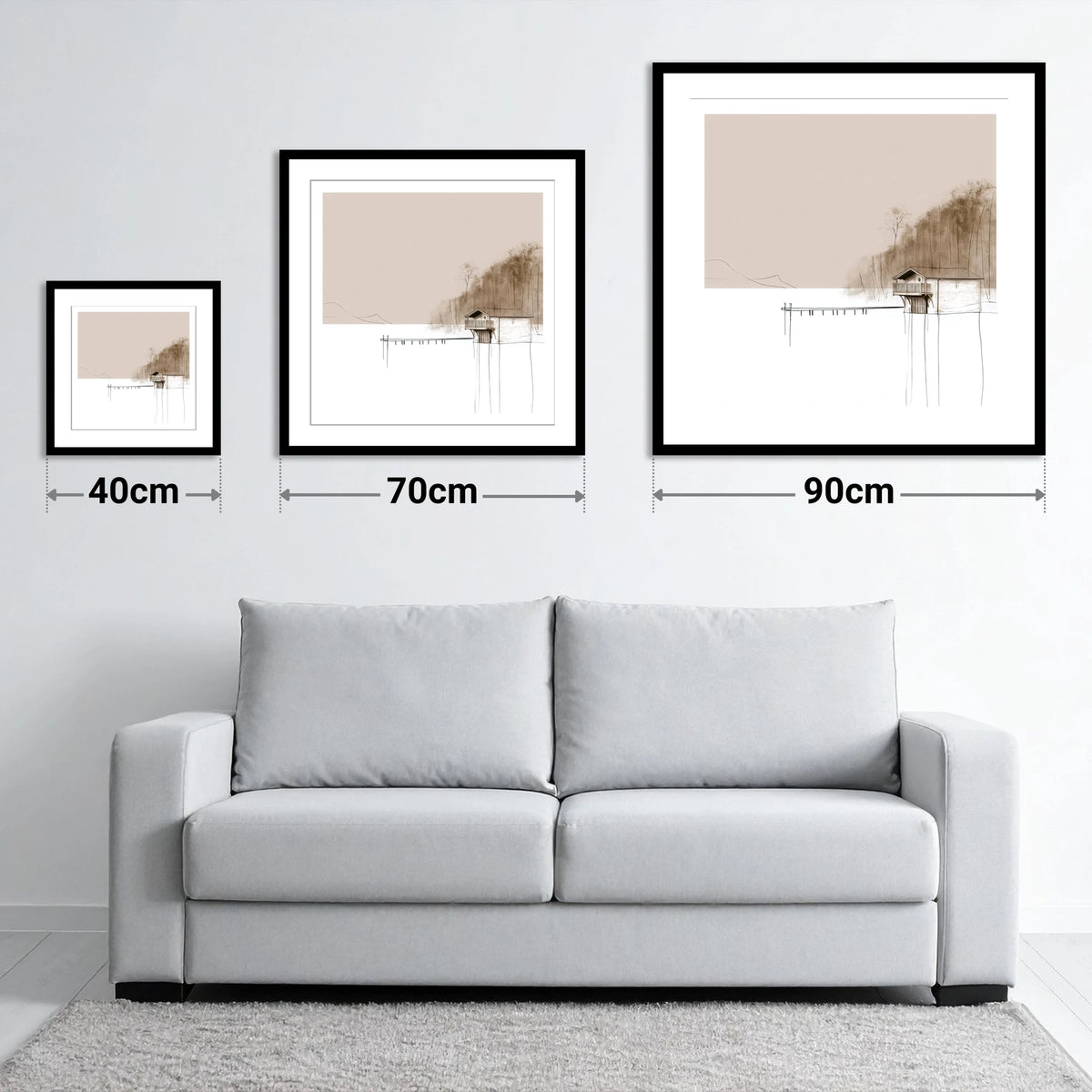 Pooley Bridge Boathouse in Taupe - size guide showing 40cm, 70cm and 90cm art prints