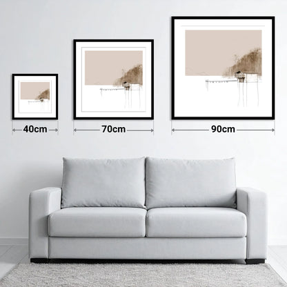 Pooley Bridge Boathouse in Taupe - size guide showing 40cm, 70cm and 90cm art prints