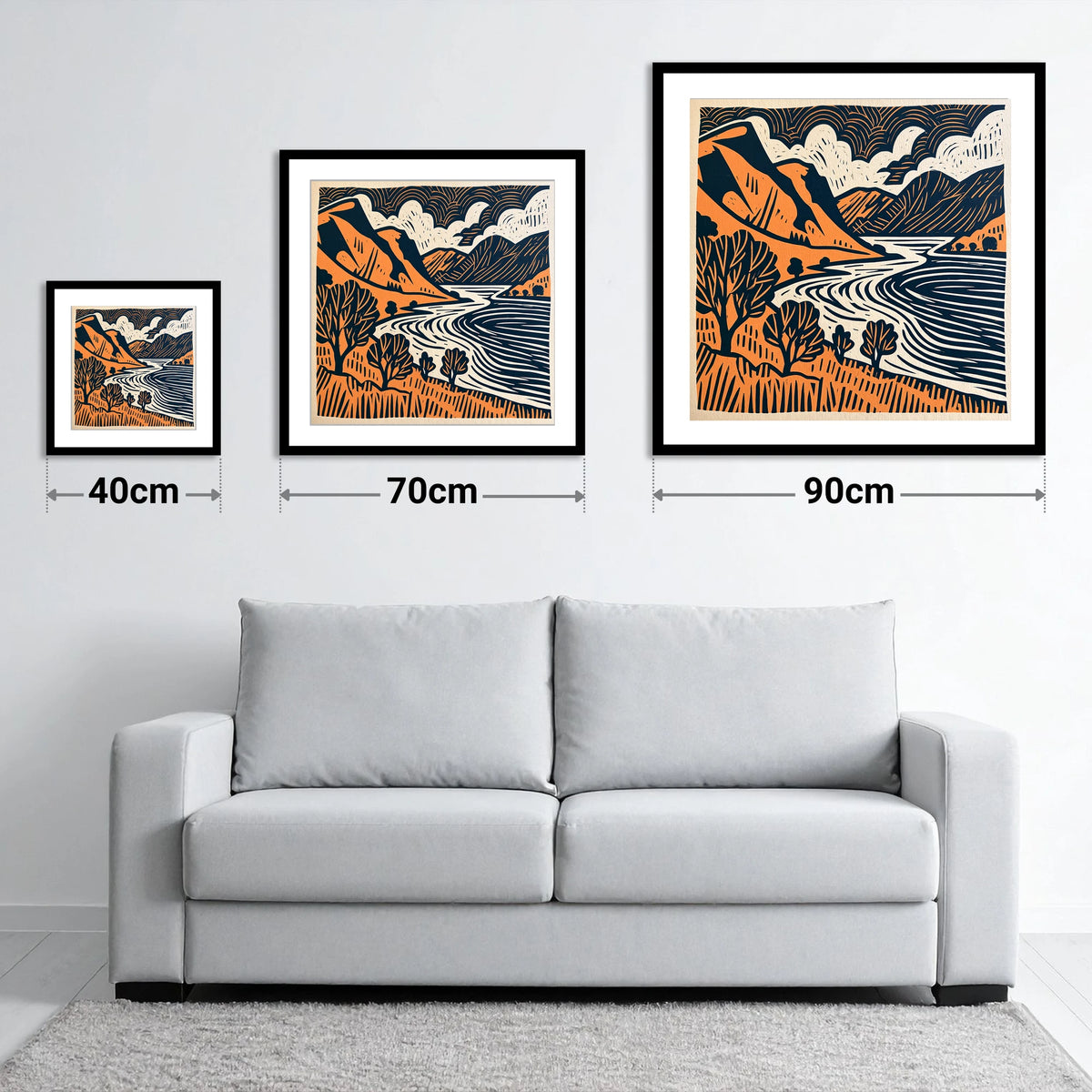 Rhythmic Ullswater Fells and Water - size guide showing 40cm, 70cm and 90cm art prints