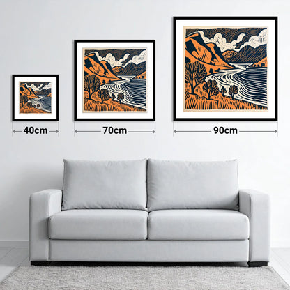 Rhythmic Ullswater Fells and Water - size guide showing 40cm, 70cm and 90cm art prints