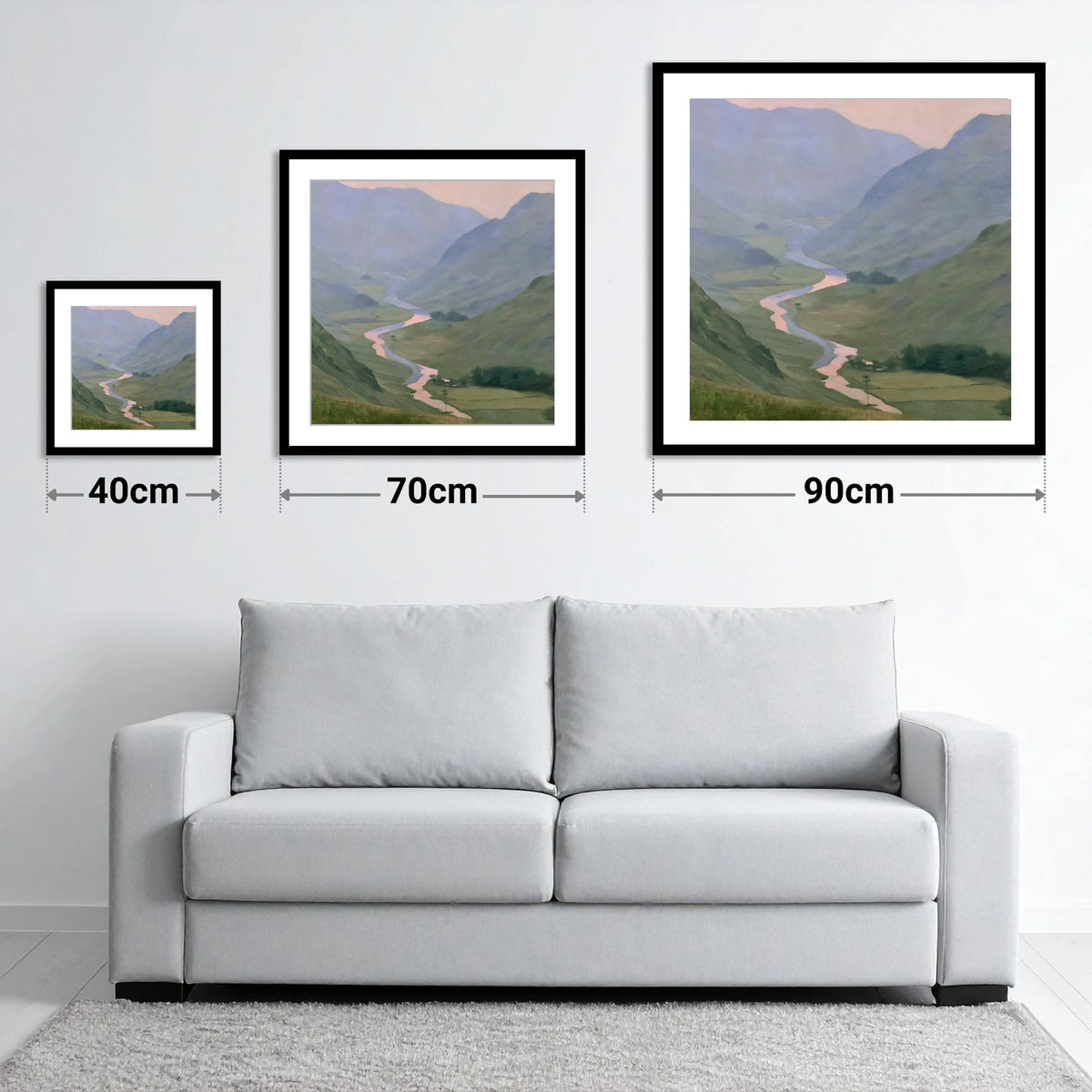 Winding River Valley at Dusk - size guide showing 40cm, 70cm and 90cm art prints