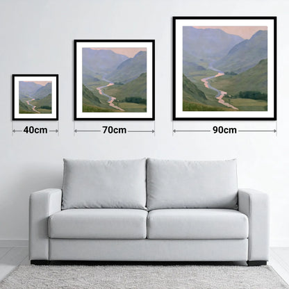 Winding River Valley at Dusk - size guide showing 40cm, 70cm and 90cm art prints