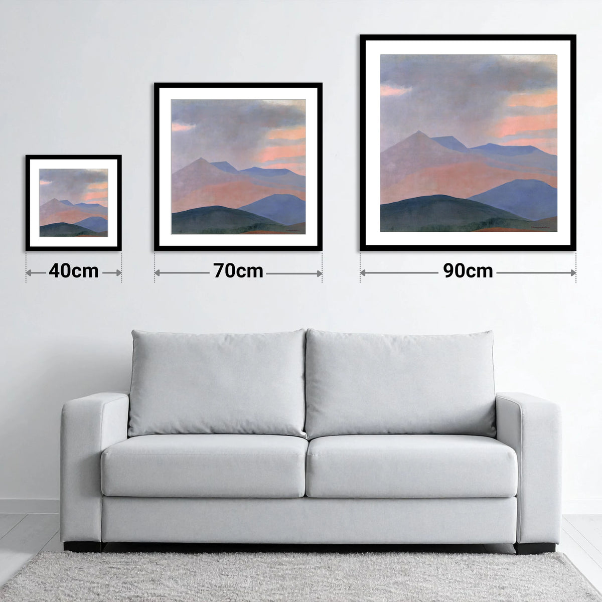 Storm Clouds Over Pastel Fells - size guide showing 40cm, 70cm and 90cm art prints