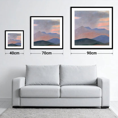 Storm Clouds Over Pastel Fells - size guide showing 40cm, 70cm and 90cm art prints