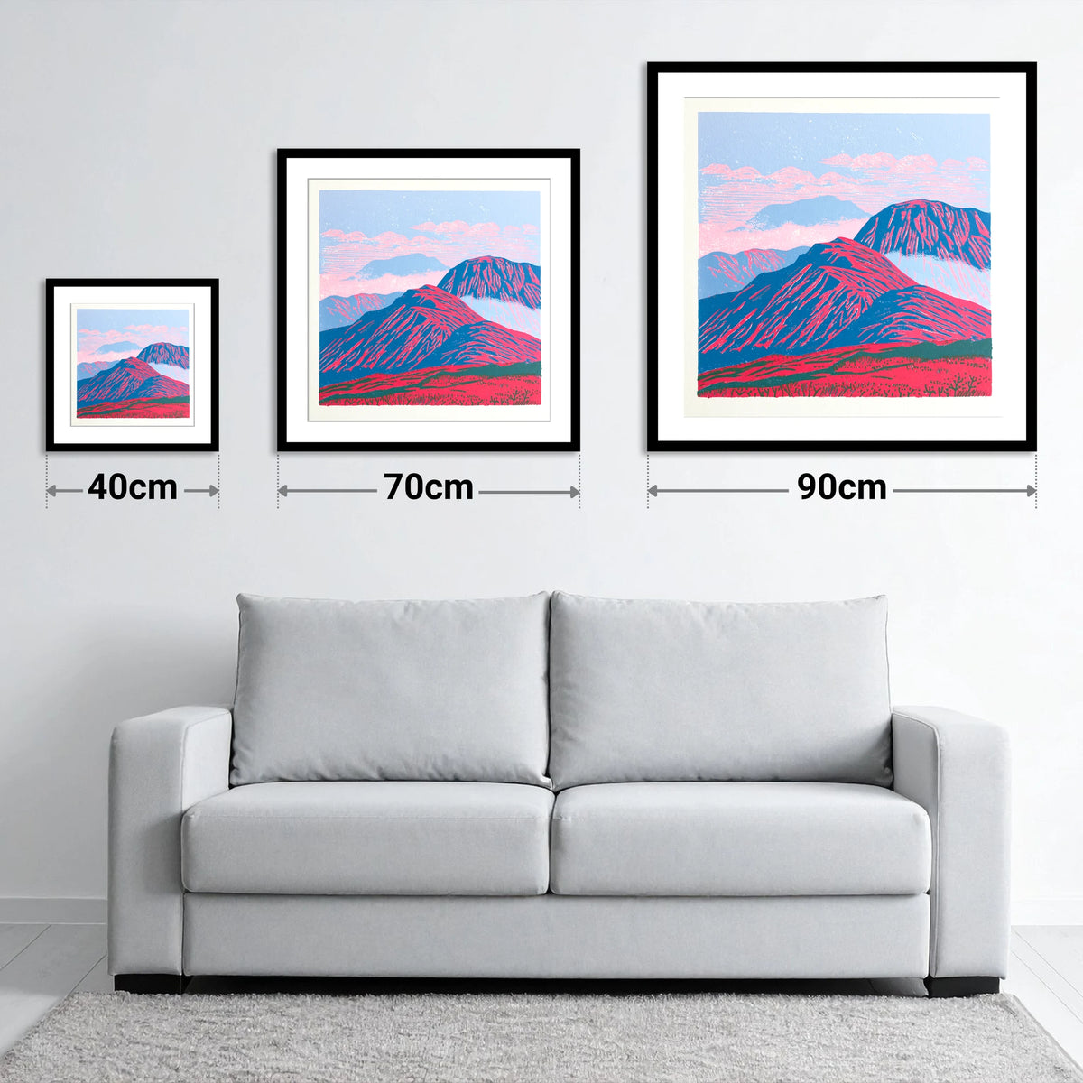 Vibrant Red Misty Mountain Ridge - size guide showing 40cm, 70cm and 90cm art prints