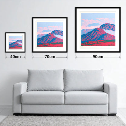 Vibrant Red Misty Mountain Ridge - size guide showing 40cm, 70cm and 90cm art prints