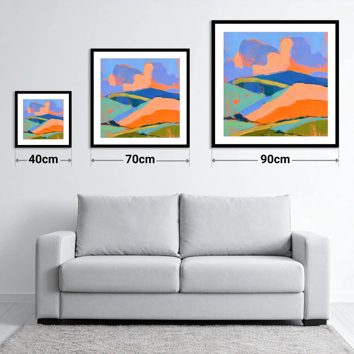 Rolling Fells in Vivid Colour - size guide showing 40cm, 70cm and 90cm art prints