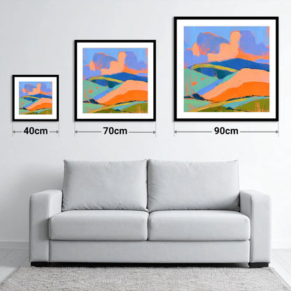 Rolling Fells in Vivid Colour - size guide showing 40cm, 70cm and 90cm art prints