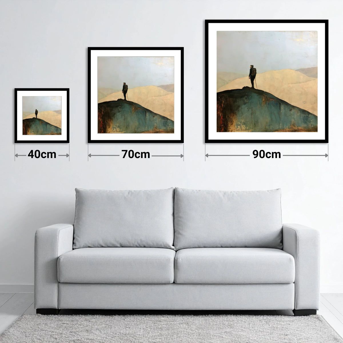 Fell Walker on Dark Ridge - size guide showing 40cm, 70cm and 90cm art prints