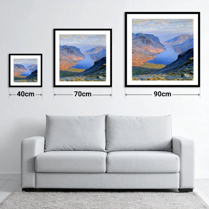 Scafell Pike Above Luminous Wastwater - size guide showing 40cm, 70cm and 90cm art prints