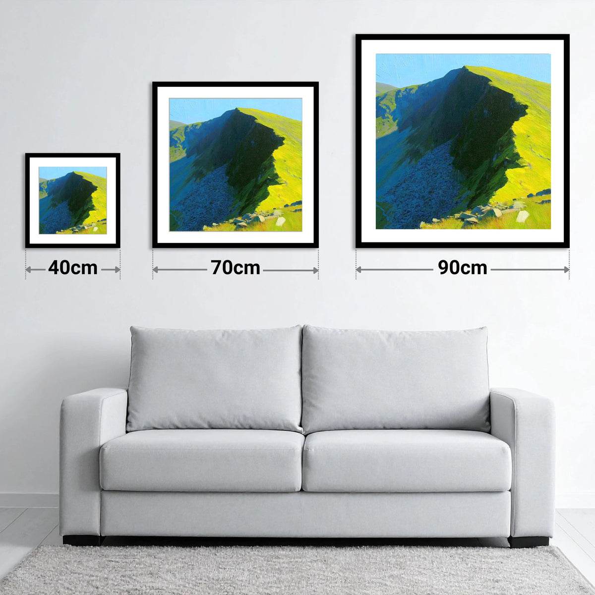 Radiant Light on Dollywaggon Pike - size guide showing 40cm, 70cm and 90cm art prints