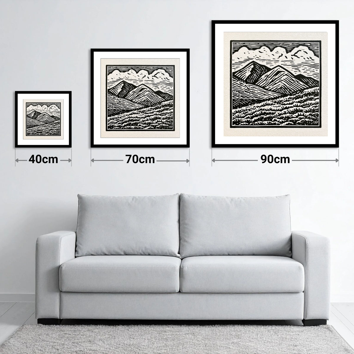 Monochrome Rolling Fells Under Cloud - size guide showing 40cm, 70cm and 90cm art prints