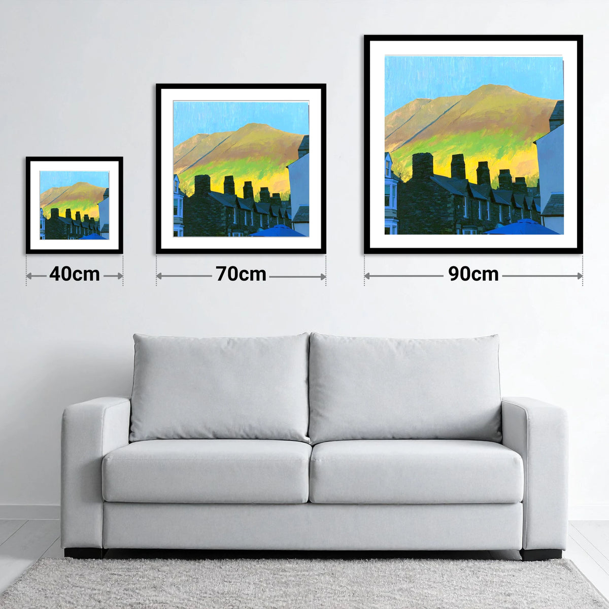 Keswick Chimneys and Sunlit Skiddaw - size guide showing 40cm, 70cm and 90cm art prints