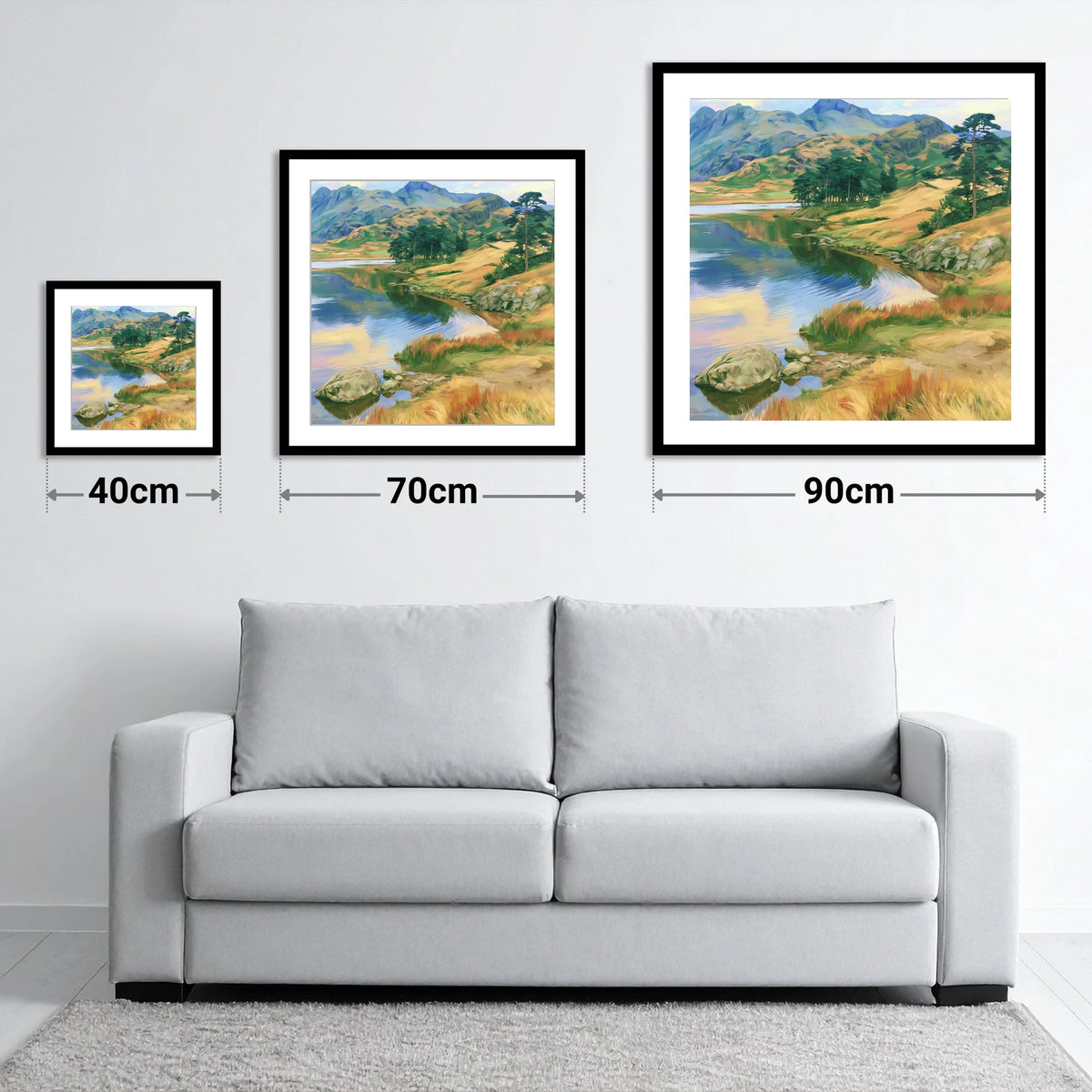 Pine Copse by the Fellside Lake - size guide showing 40cm, 70cm and 90cm art prints