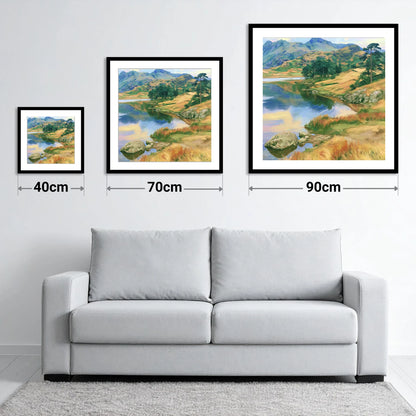 Pine Copse by the Fellside Lake - size guide showing 40cm, 70cm and 90cm art prints