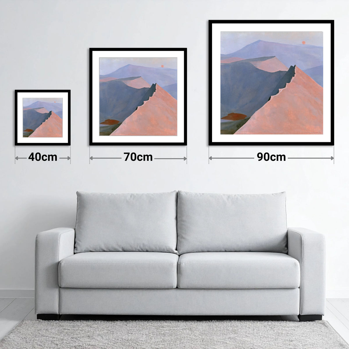 Striding Edge in Peach Light - size guide showing 40cm, 70cm and 90cm art prints