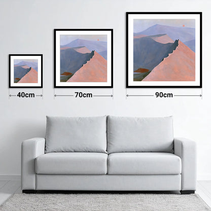 Striding Edge in Peach Light - size guide showing 40cm, 70cm and 90cm art prints