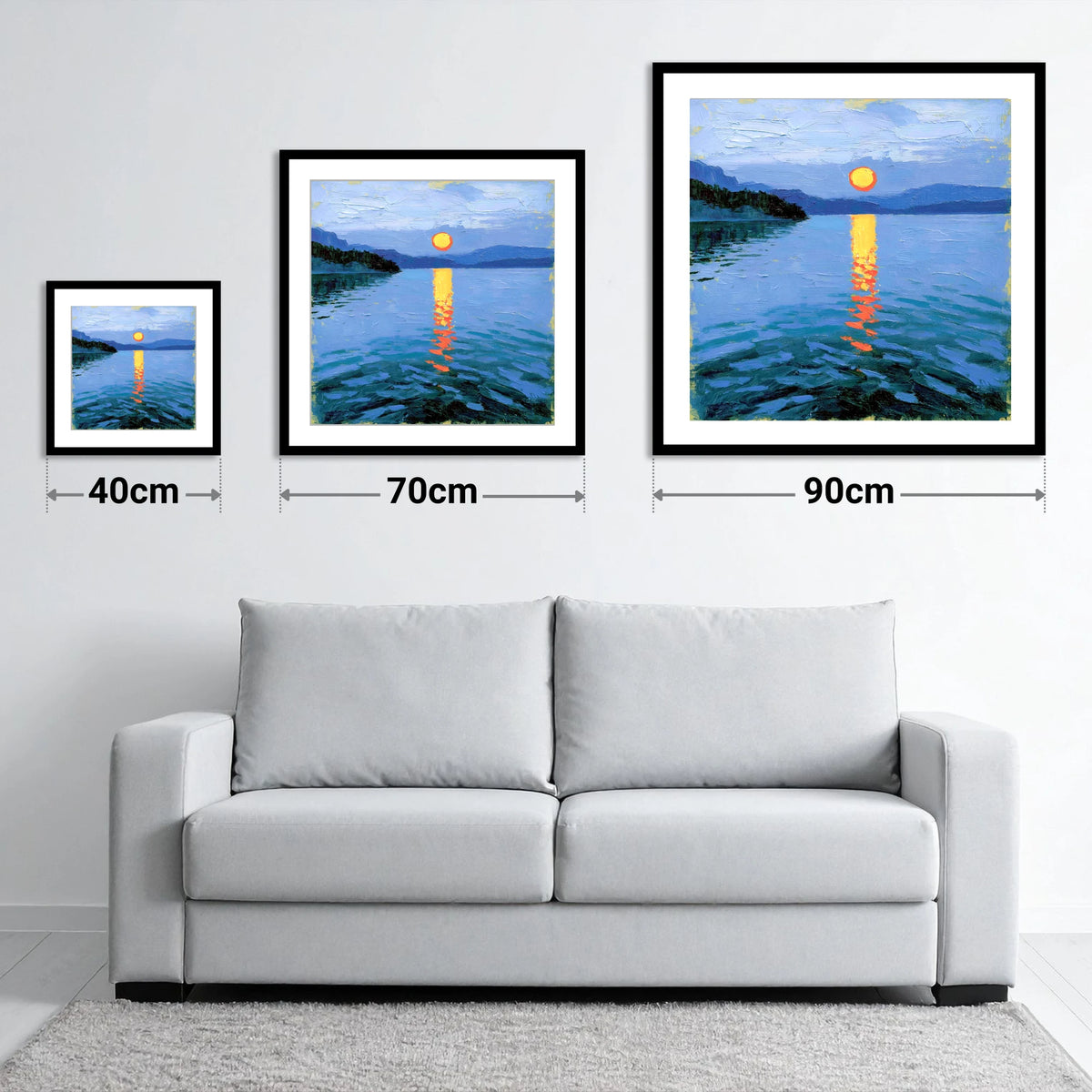 Fiery Sunset Over the Lake - size guide showing 40cm, 70cm and 90cm art prints
