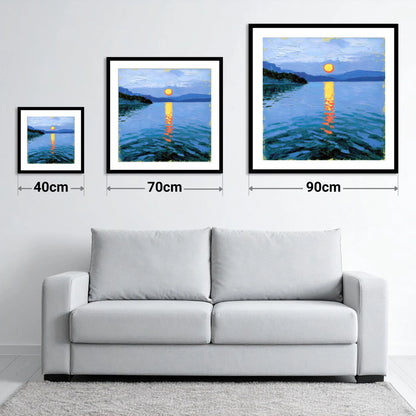 Fiery Sunset Over the Lake - size guide showing 40cm, 70cm and 90cm art prints