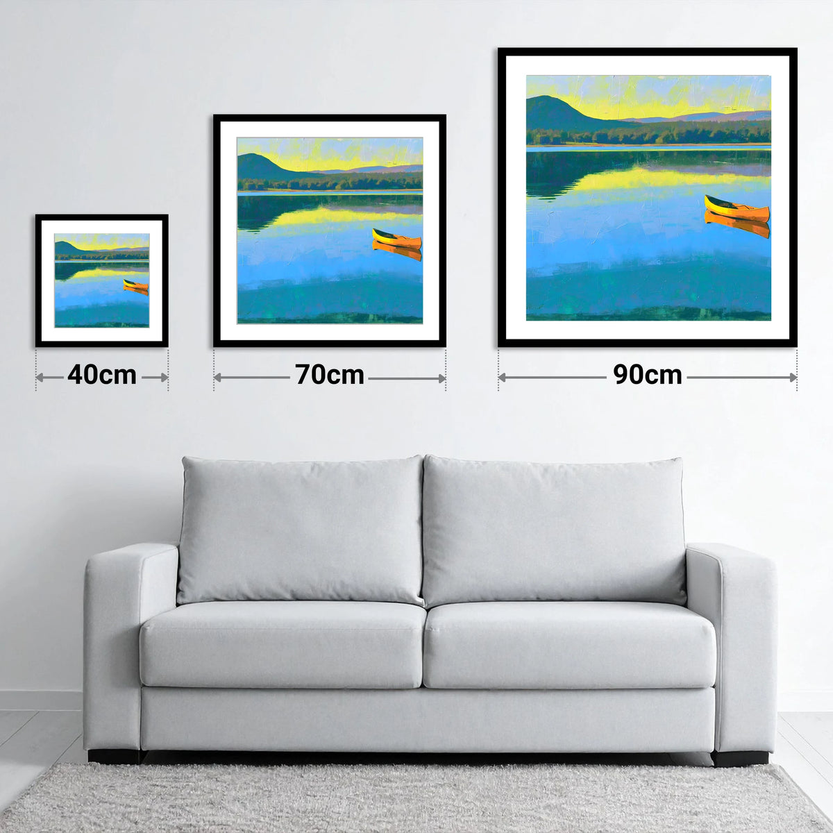 Bold Yellow Canoe on Windermere - size guide showing 40cm, 70cm and 90cm art prints
