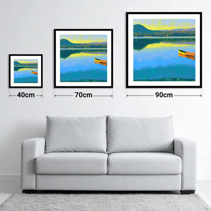 Bold Yellow Canoe on Windermere - size guide showing 40cm, 70cm and 90cm art prints