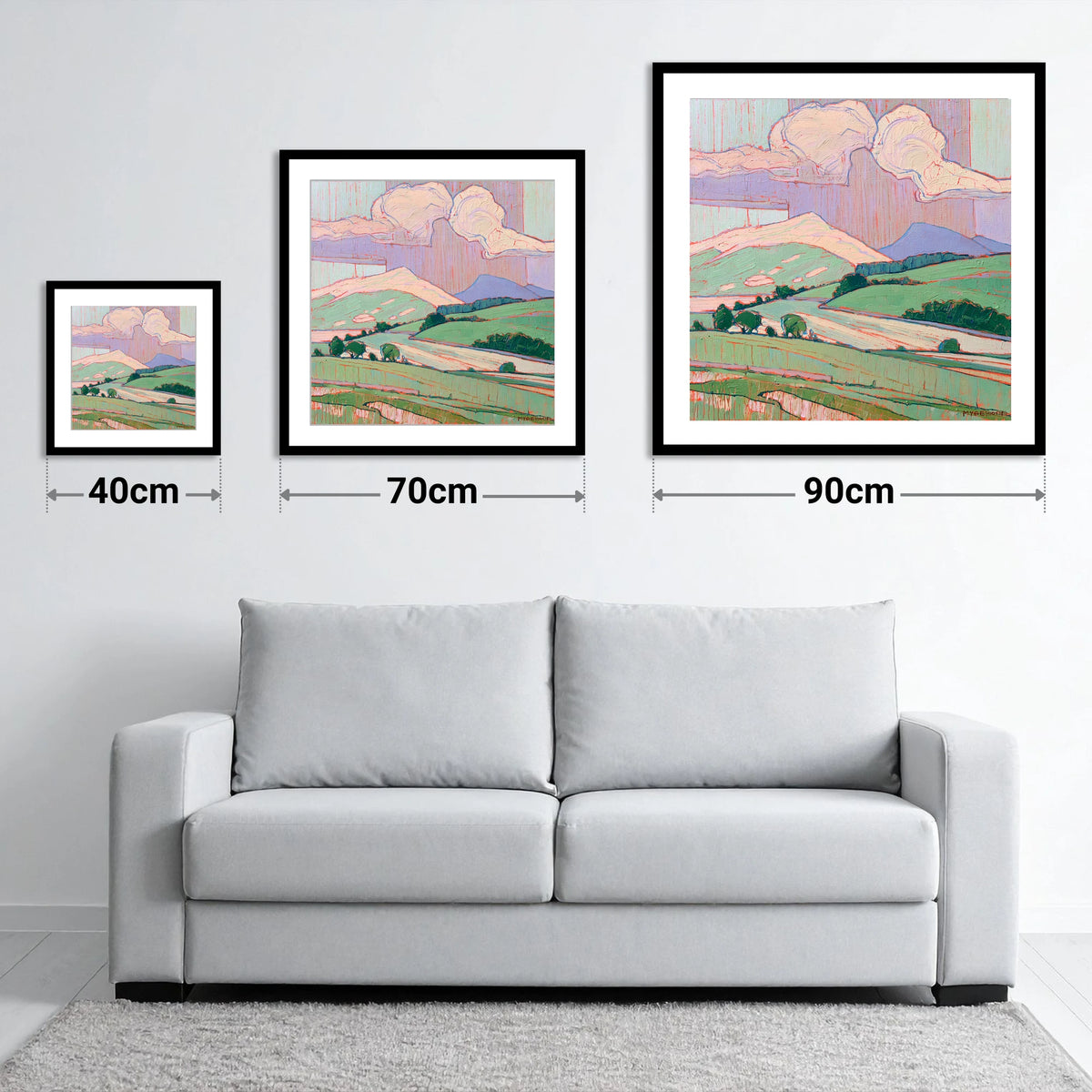 Vivid Fells Under Storm Clouds - size guide showing 40cm, 70cm and 90cm art prints