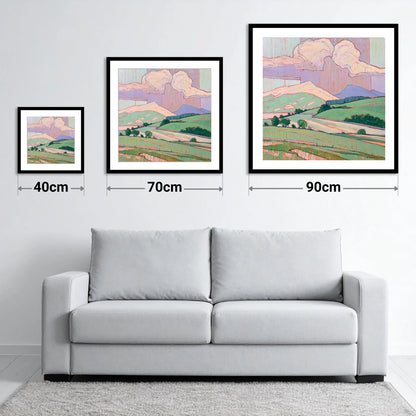 Vivid Fells Under Storm Clouds - size guide showing 40cm, 70cm and 90cm art prints