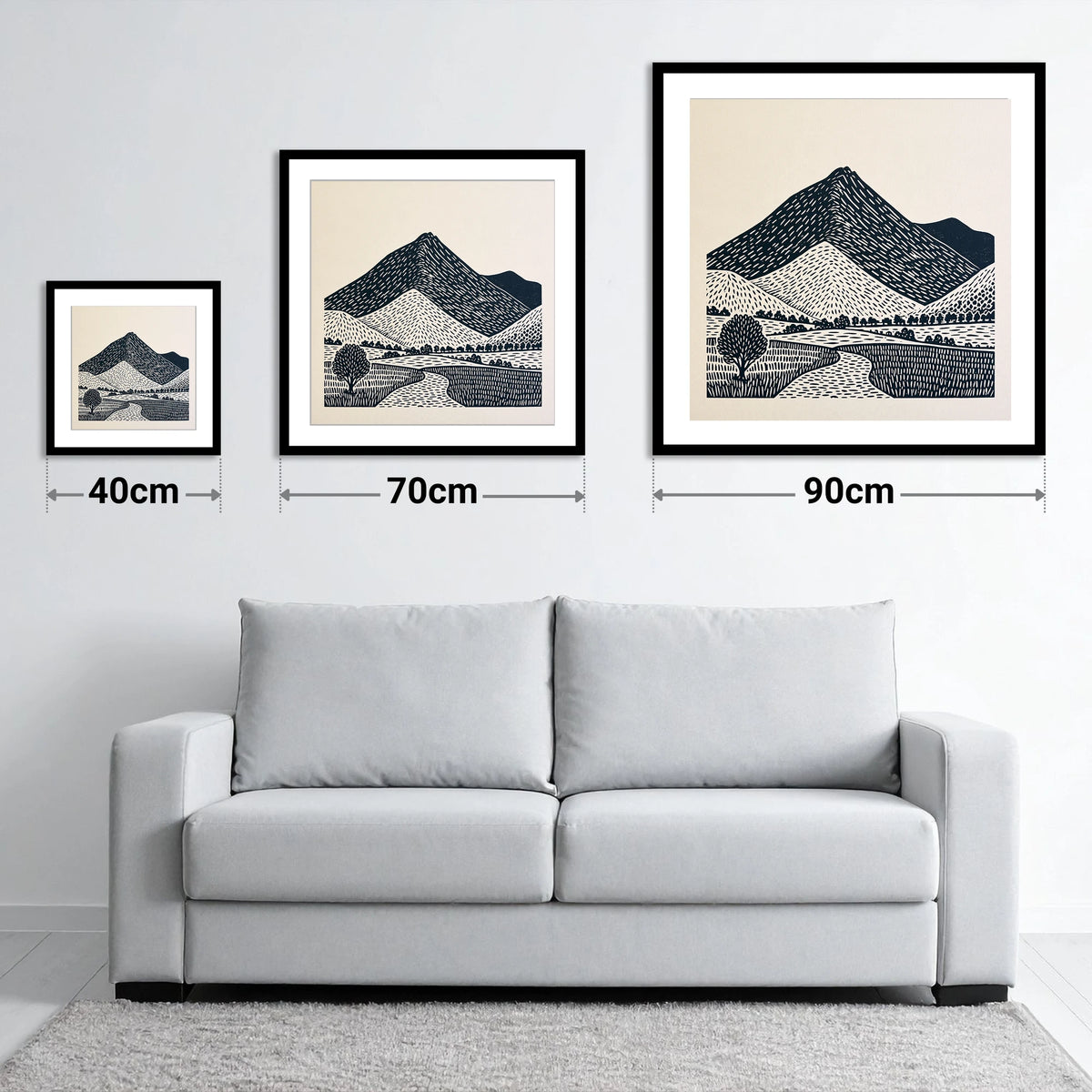 Blencathra in Graphic Lines - size guide showing 40cm, 70cm and 90cm art prints