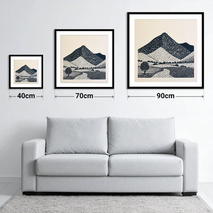 Blencathra in Graphic Lines - size guide showing 40cm, 70cm and 90cm art prints
