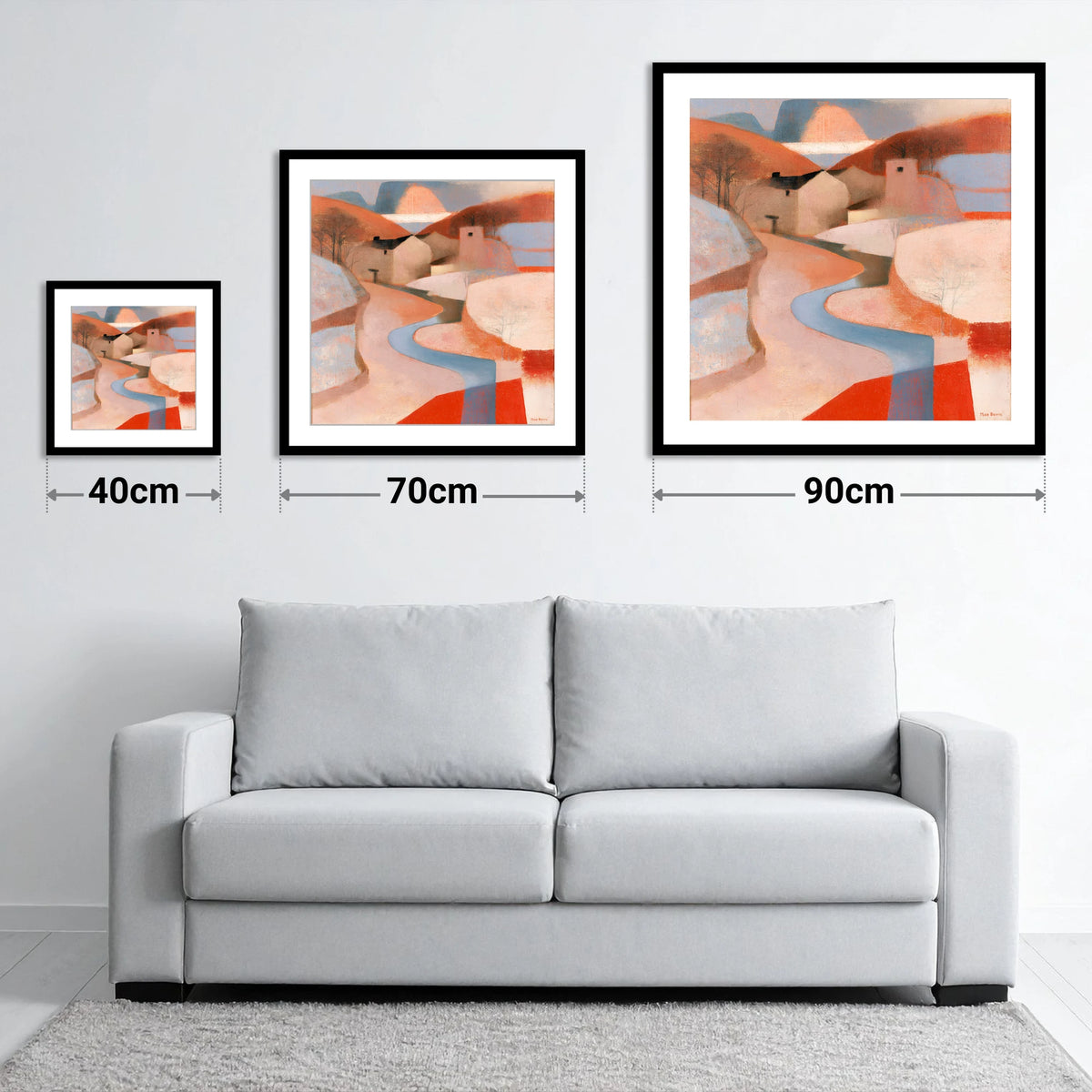 Terracotta Winding River Valley - size guide showing 40cm, 70cm and 90cm art prints